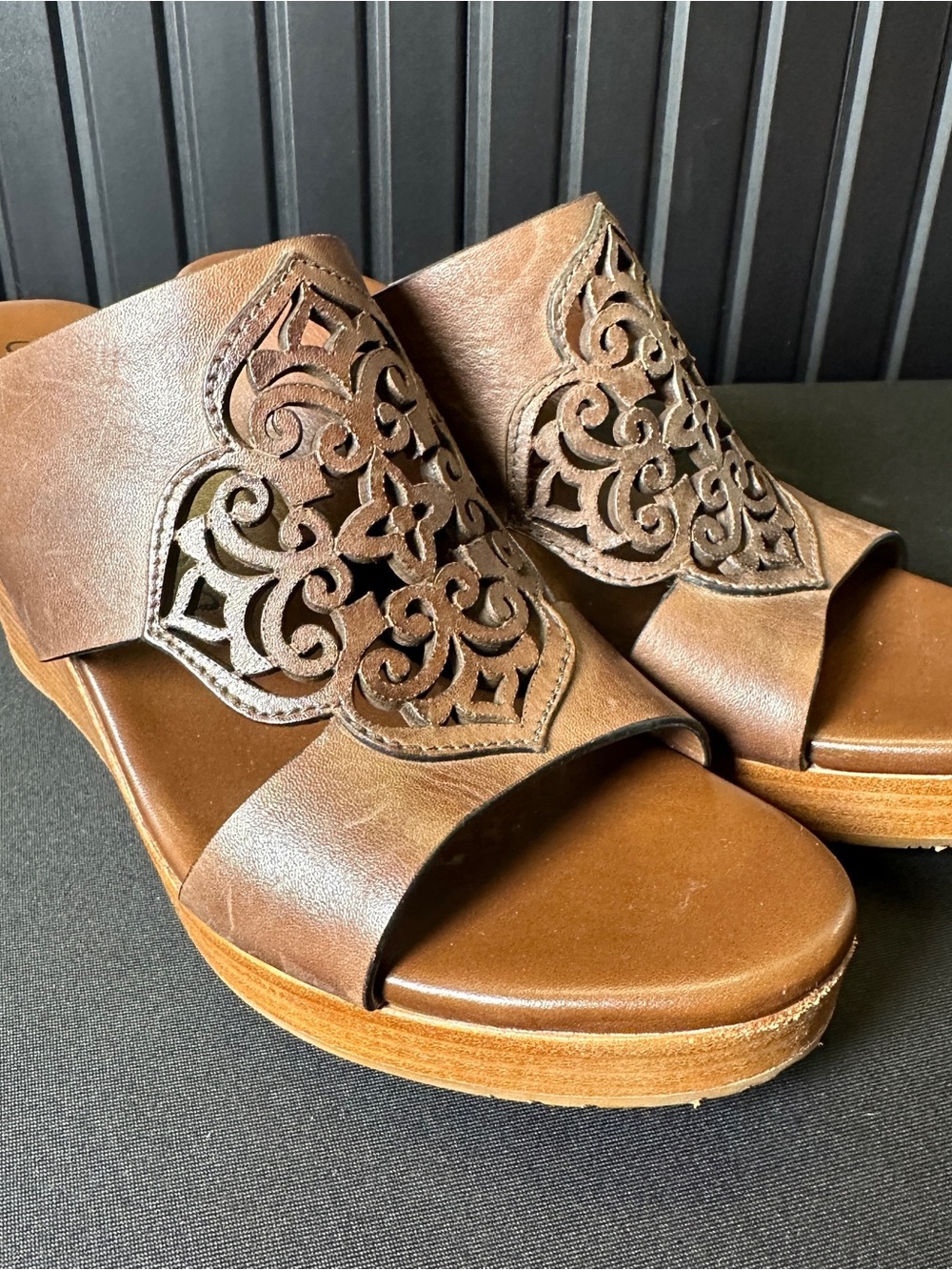 Brighton Delila Brown Leather Cutout Slide Platform Wedges